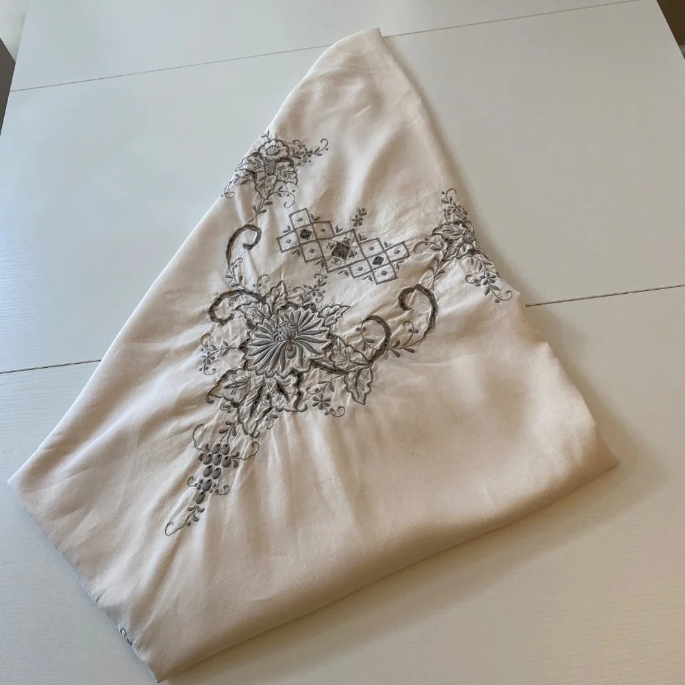 Vintage European Embroidered Floral Grape Vines Tablecloth 65